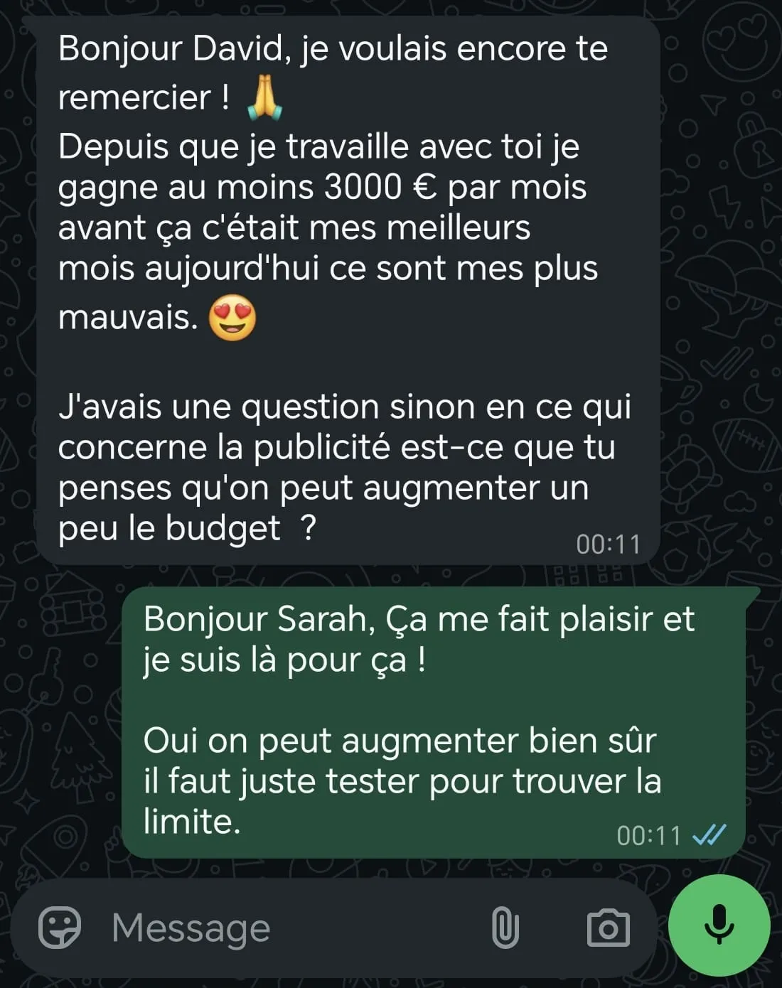 Message WhatsApp d'une praticienne accompagnée : depuis qu'elle travaille avec DBM, elle gagne au moins 3 000 € par mois, alors que c'était auparavant ses meilleurs mois